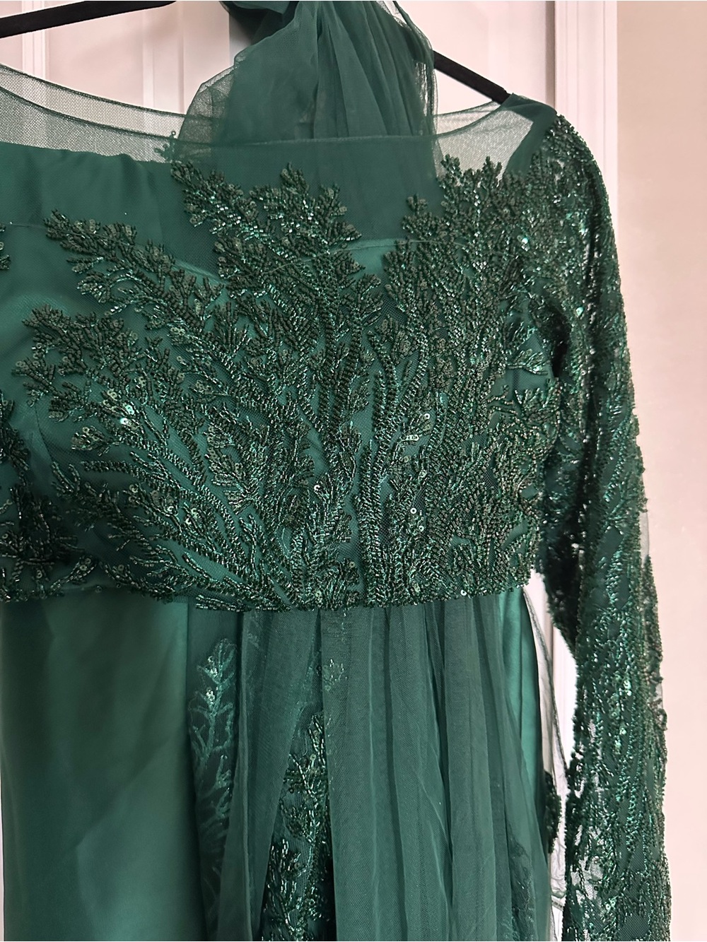 Embellished Dark Green Lehenga Beaded Crop Top with Feather Cuffs - Picture 7 of 8